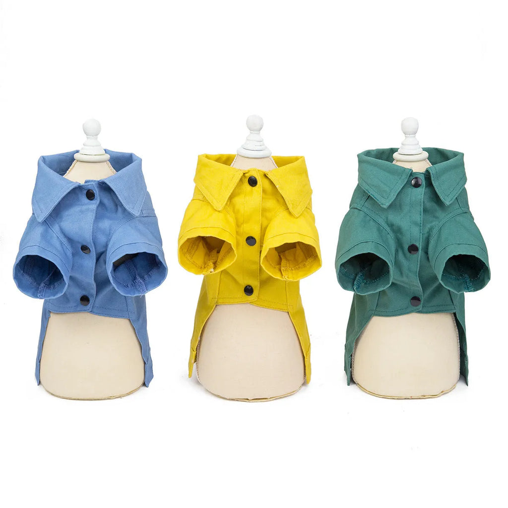 Two-leg cotton pet outfit in blue, yellow, or green, sizes S to XXL with back length, bust, and collar measurements.