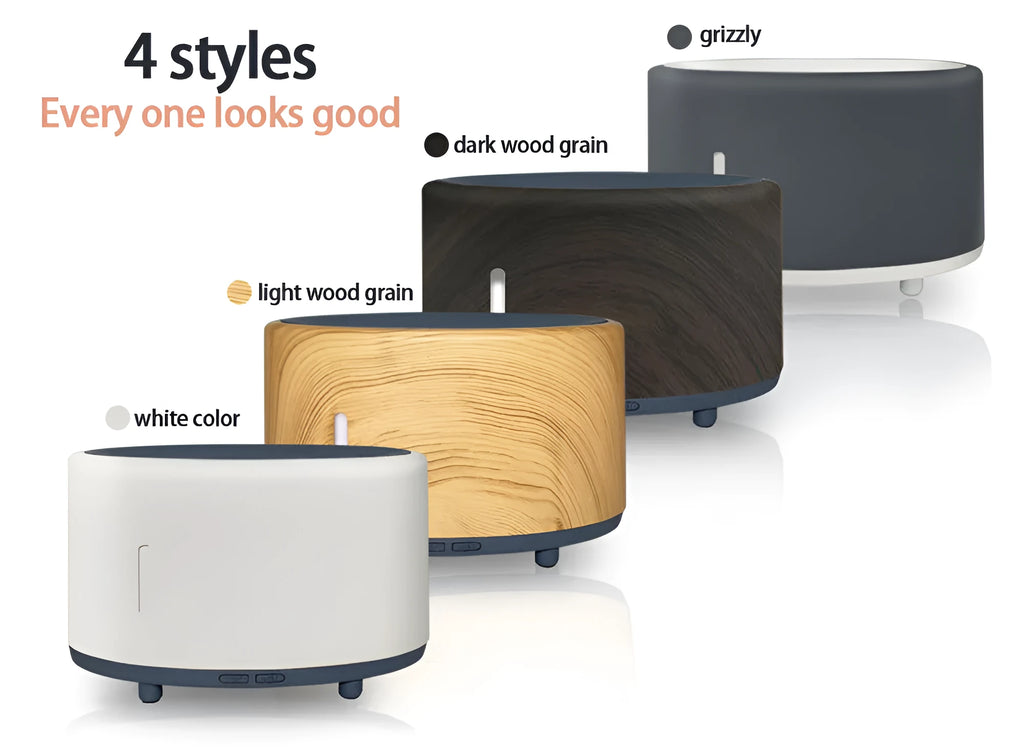 Flame humidifier with Bluetooth remote control and LED light in dark wood grain finish