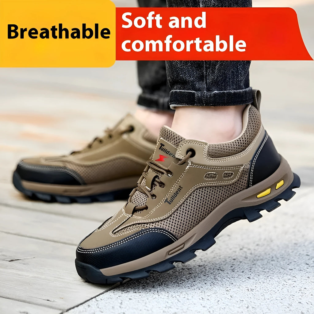 Anti smashing anti piercing breathable protective shoes for men microfiber leather Flyknit mesh lace up safety footwear