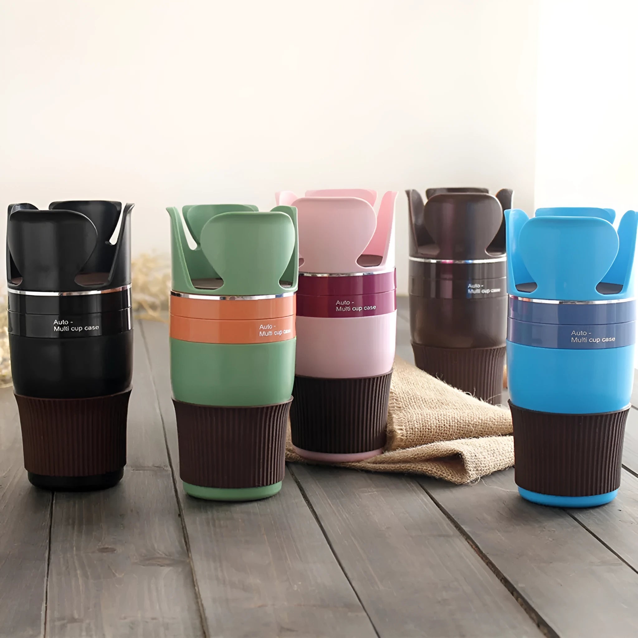 Car multifunctional cup holder with navigation bracket in black, brown, pink, green, or blue