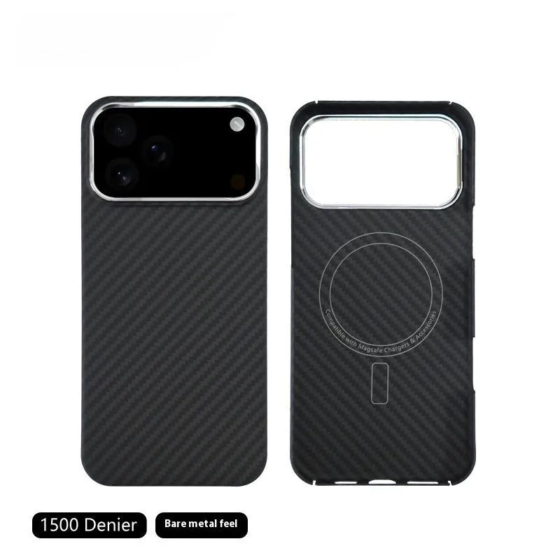 Black aramid fiber magnetic phone case for iPhone 17 Pro Max with lattice pattern and 6D micro relief texture
