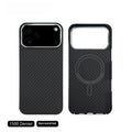 Black aramid fiber magnetic phone case for iPhone 17 Pro Max with lattice pattern and 6D micro relief texture
