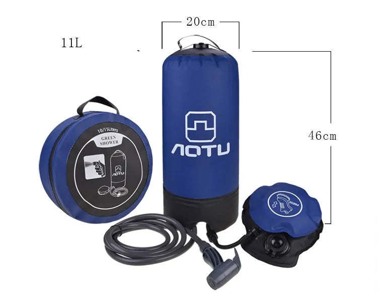 Blue portable outdoor shower bag with 11L capacity, foot pump, and 200cm hose