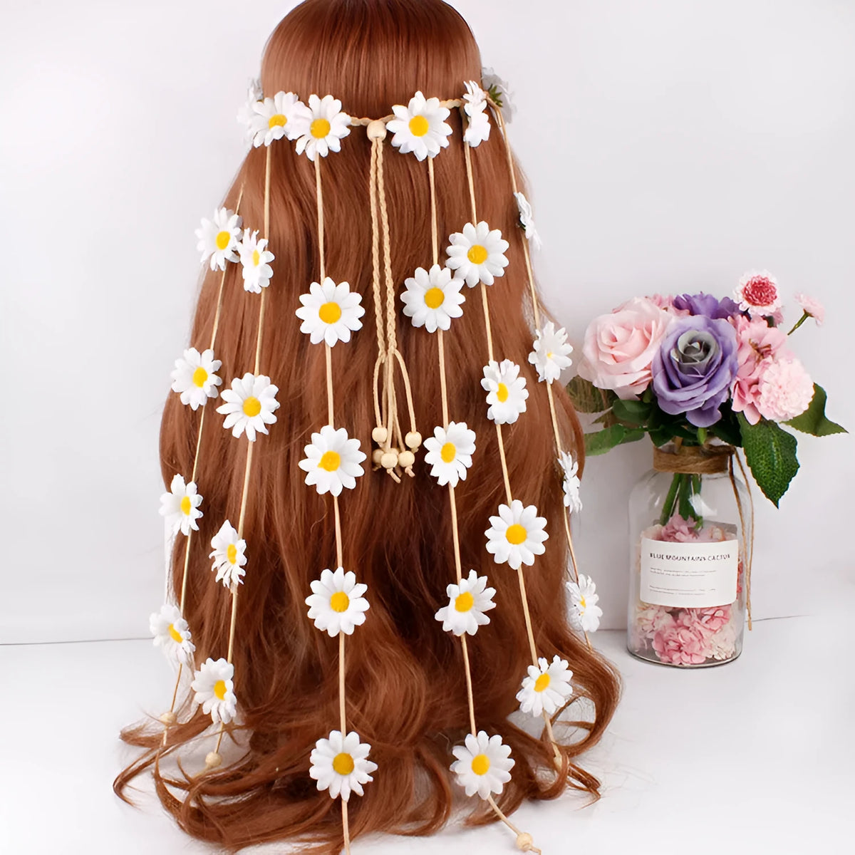Handmade sunflower headband garland with Korean velvet, wooden beads, and plaid pattern in yellow, white, beige, or pink.