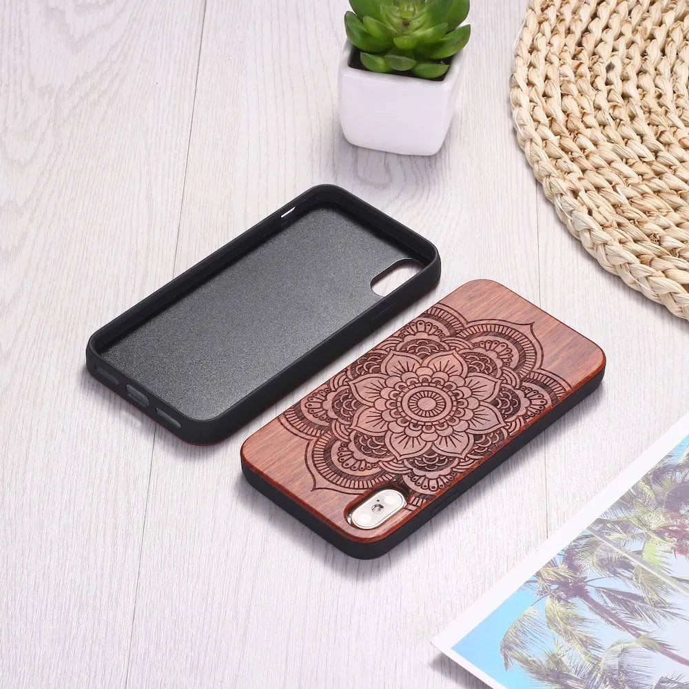Mandala stick wood TPU phone case with laser-carved design for iPhone, brown finish