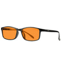 Orange anti-blue light glasses on a colour box, showing one of four available frame colour options.