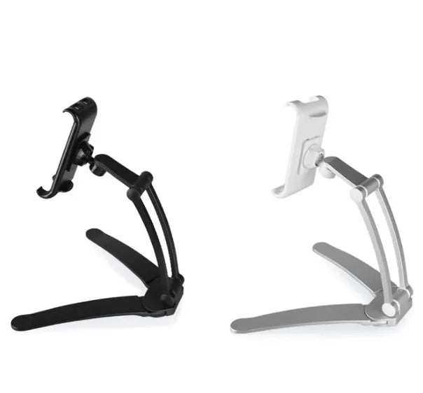 Silver aluminum alloy desktop tablet stand with white mount holding a tablet at an angle