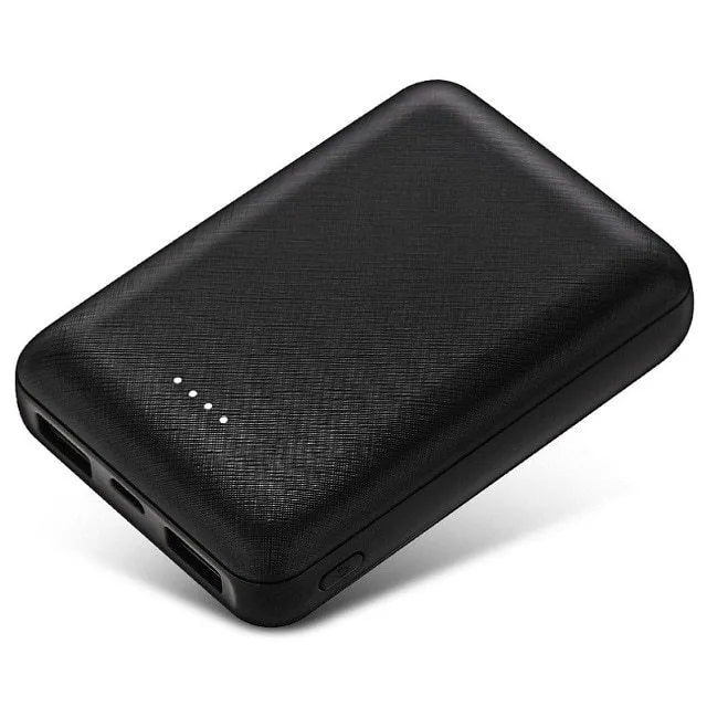 Ultra-thin 10,000mAh power bank with multi-USB ports in black or white