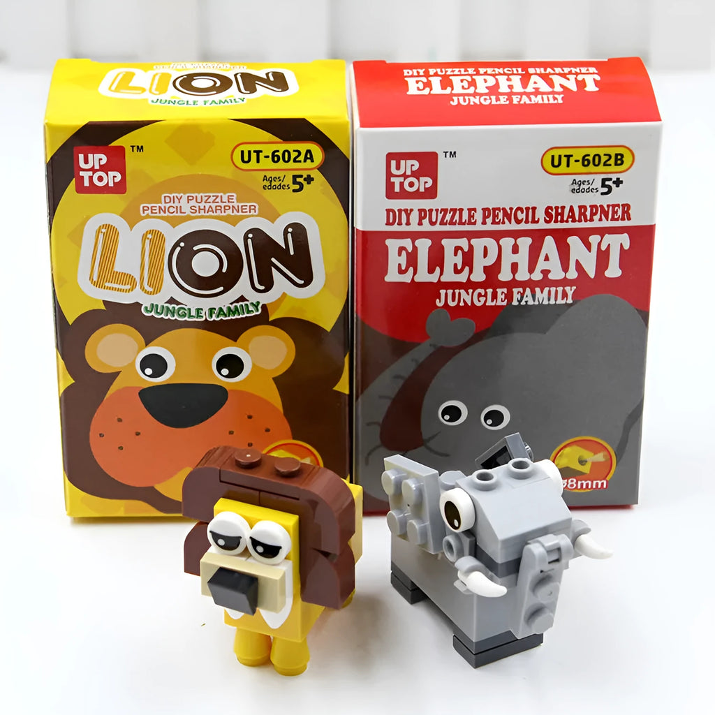 DIY building block pencil sharpener in plastic with Elephant or Lion animal modelling, manual operation, 60 x 30 x 88 mm.