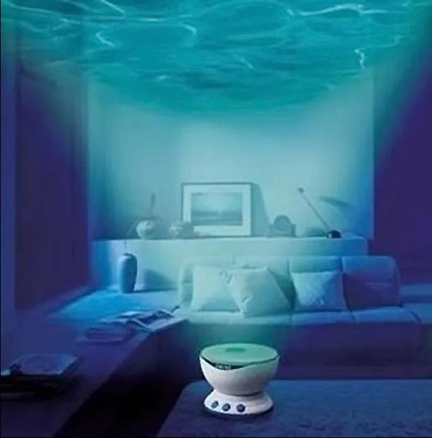 Blue Ocean LED projector lamp showing DLP trapezoidal correction for wall projection.