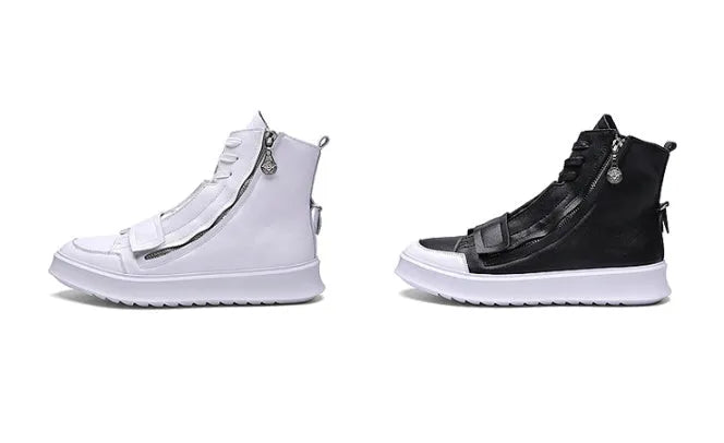Men's black PU leather high-top winter ankle boots on a white background, showing sneaker-style design.