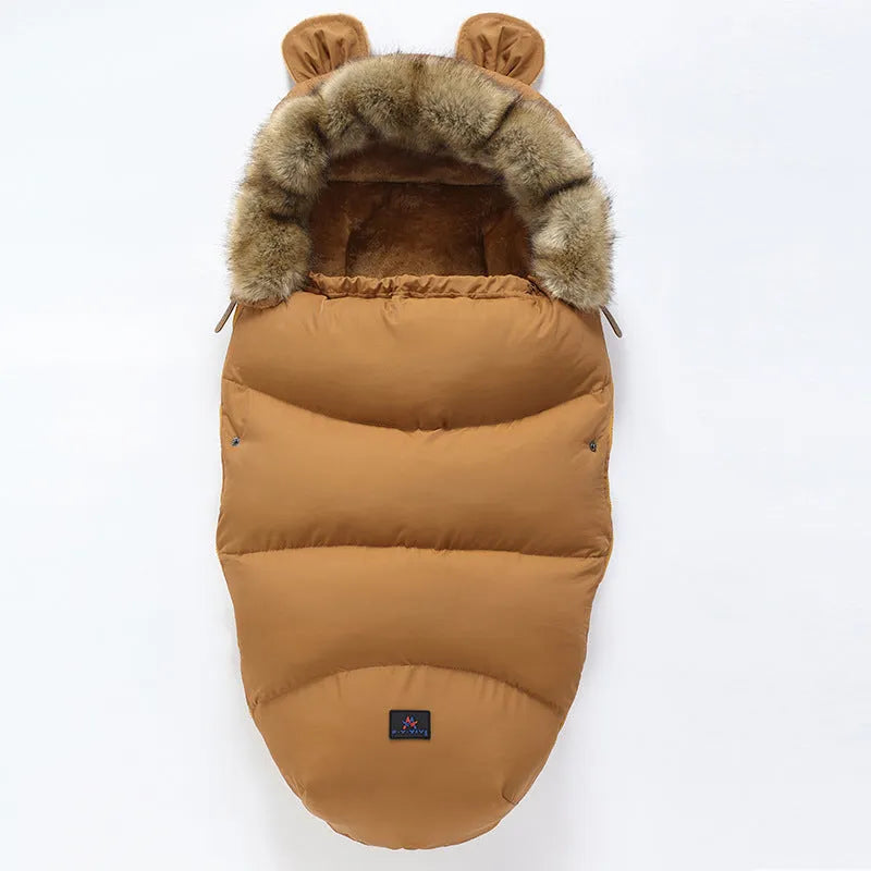 Baby stroller sleeping bag in silkworm cocoon style, shown in a colour option, measuring 100 by 48 centimetres.