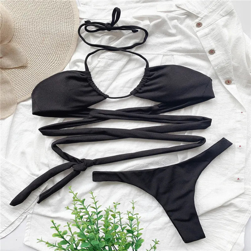 Solid colour black strappy swimsuit for women with removable pads polyester fabric sizes S M L