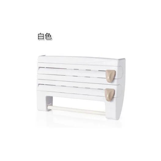 4-in-1 wall-mounted kitchen roll holder dispenser in white ABS for cling film foil and paper towel rolls