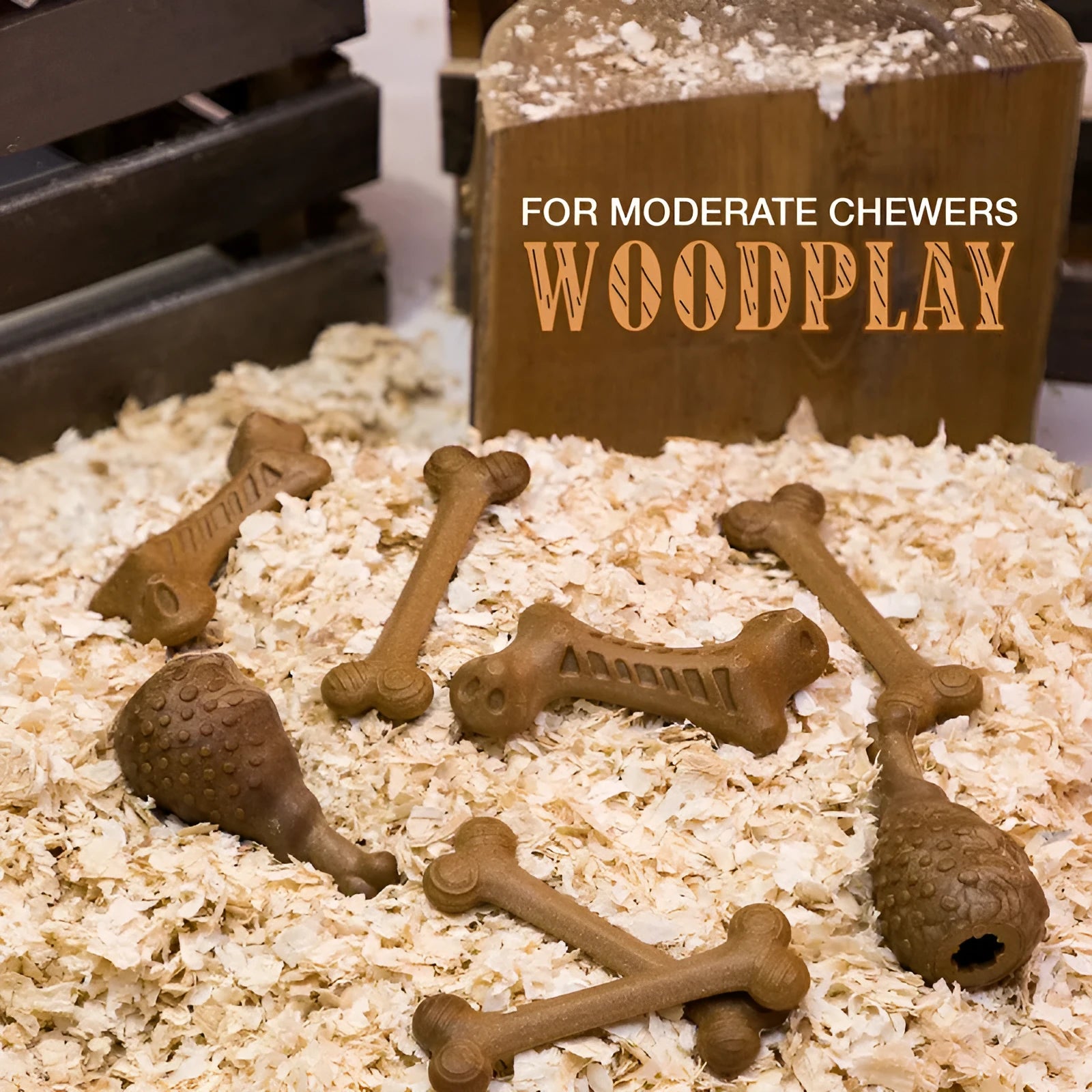 Dog chew toys in chicken leg bone, Z-shaped bone, double bone, triangle bone, and toothbrush bone shapes made from wood flour nylon