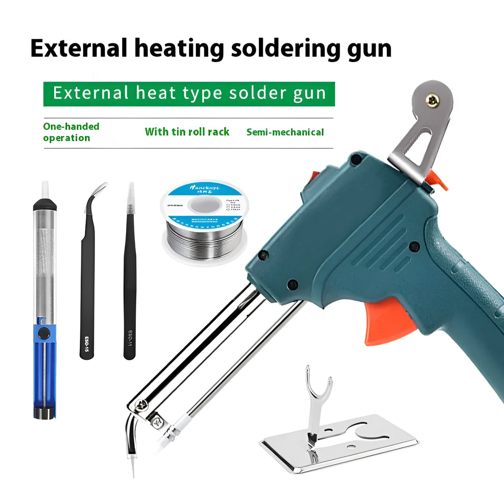 External heating soldering gun with black plastic handle, 220V EU plug, 235x215x50mm size, solder wire, stand, tweezers, and solder sucker