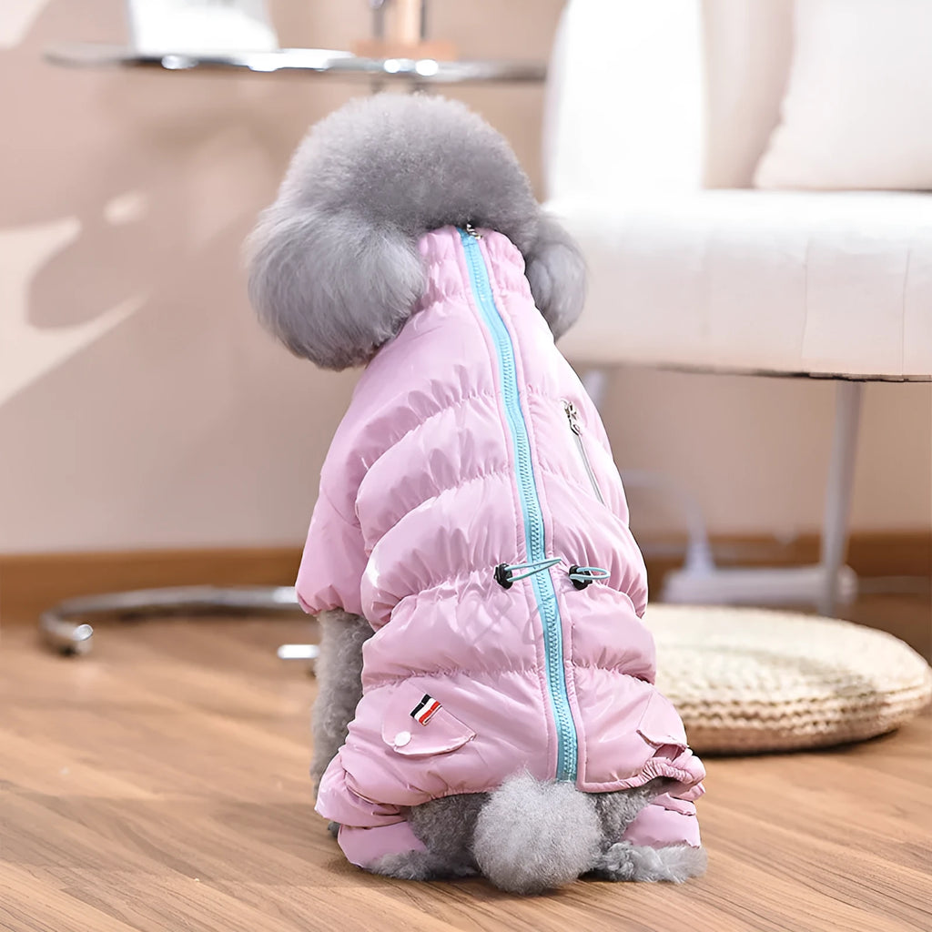 Pink and green polyester cotton dog jacket with tight belly wrap, sizes S to 4XL