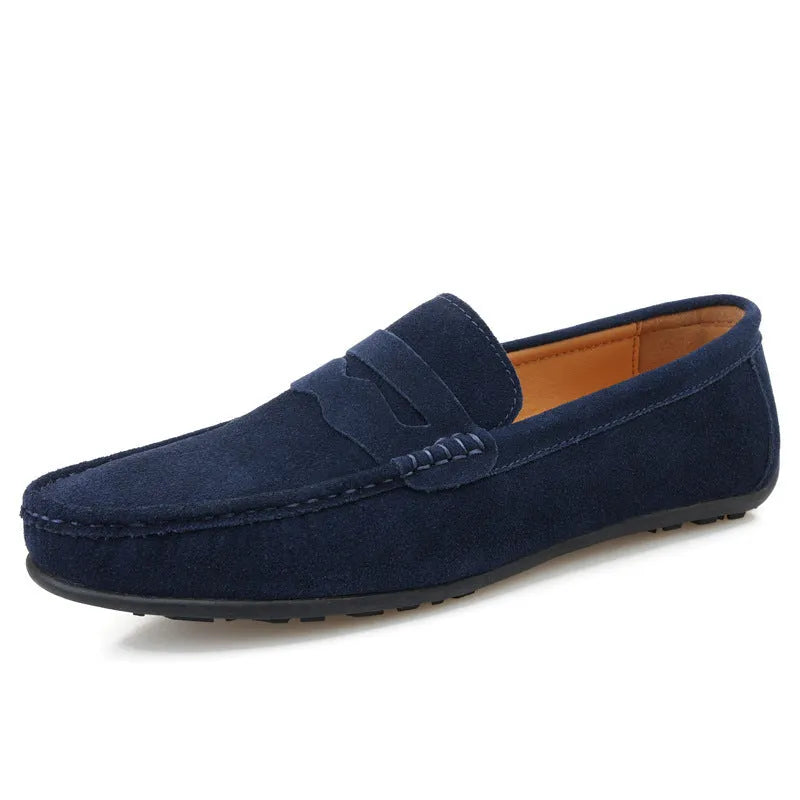 Men's cowhide suede loafers in various colours with round toe and slip-on design