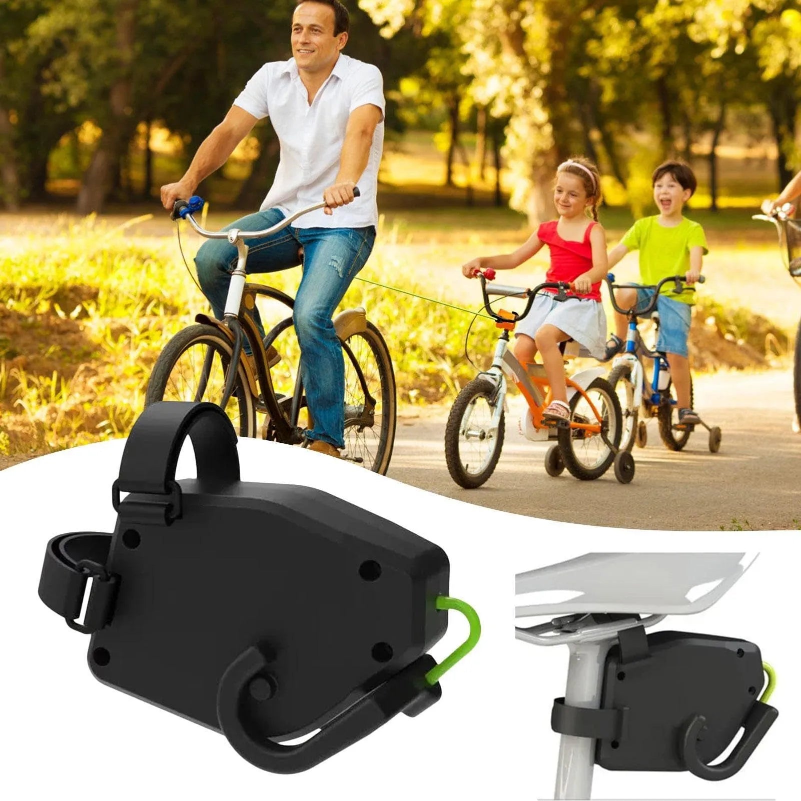 Black plastic trailer rope for connecting child trailers to mountain bikes