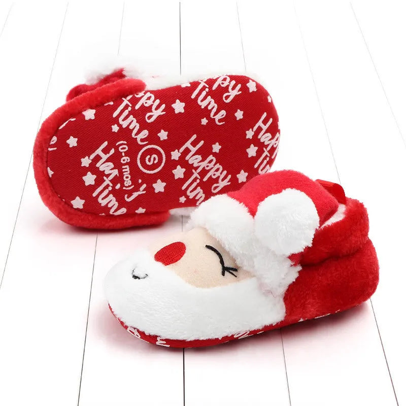 Toddler coral fleece shoes with non-slip sole in Christmas penguin design, low tube sleeve style