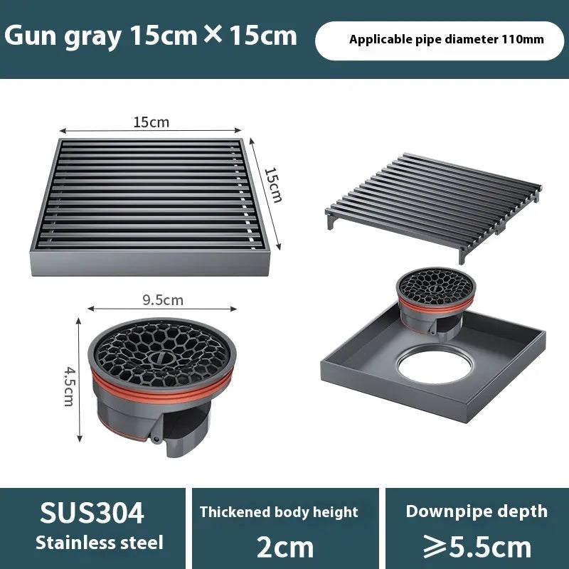 304 stainless steel courtyard floor drain with gun grey 15x15cm ABS plastic core