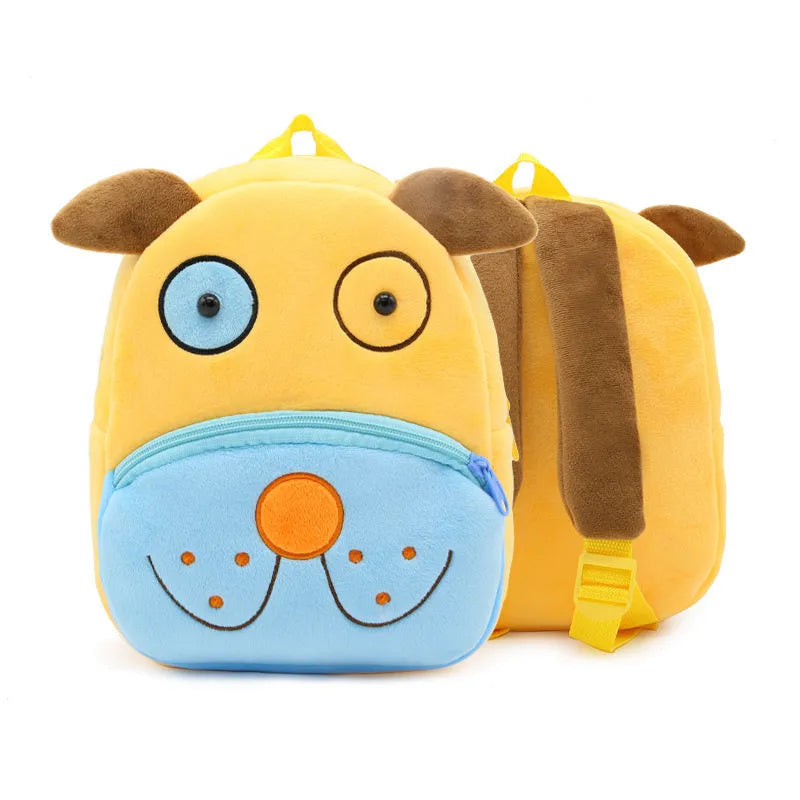 Children's plush animal backpack with elephant design showing dimensions and zipper opening