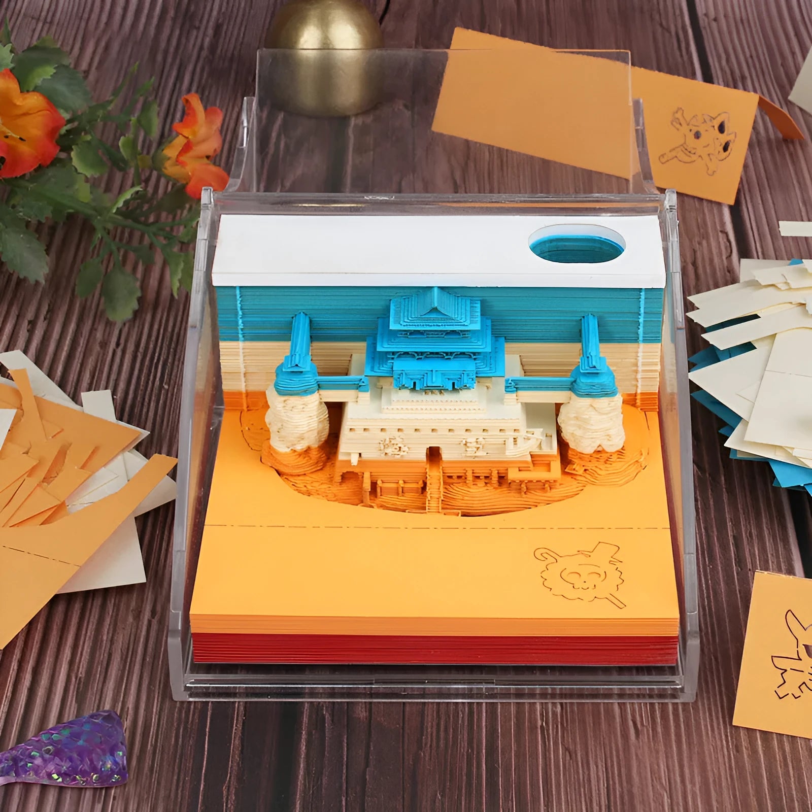 One Piece anime architecture themed sticky notes notepad in 80mm by 45mm size on a desk.