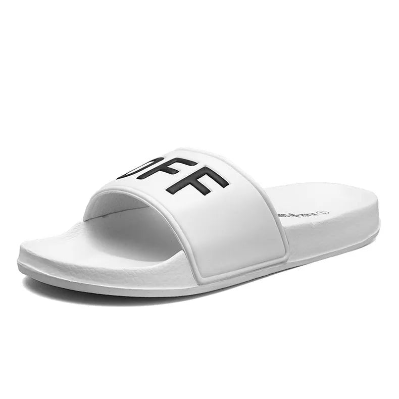 Large size men's personalised open toe slippers in black or white with a rubber sole.