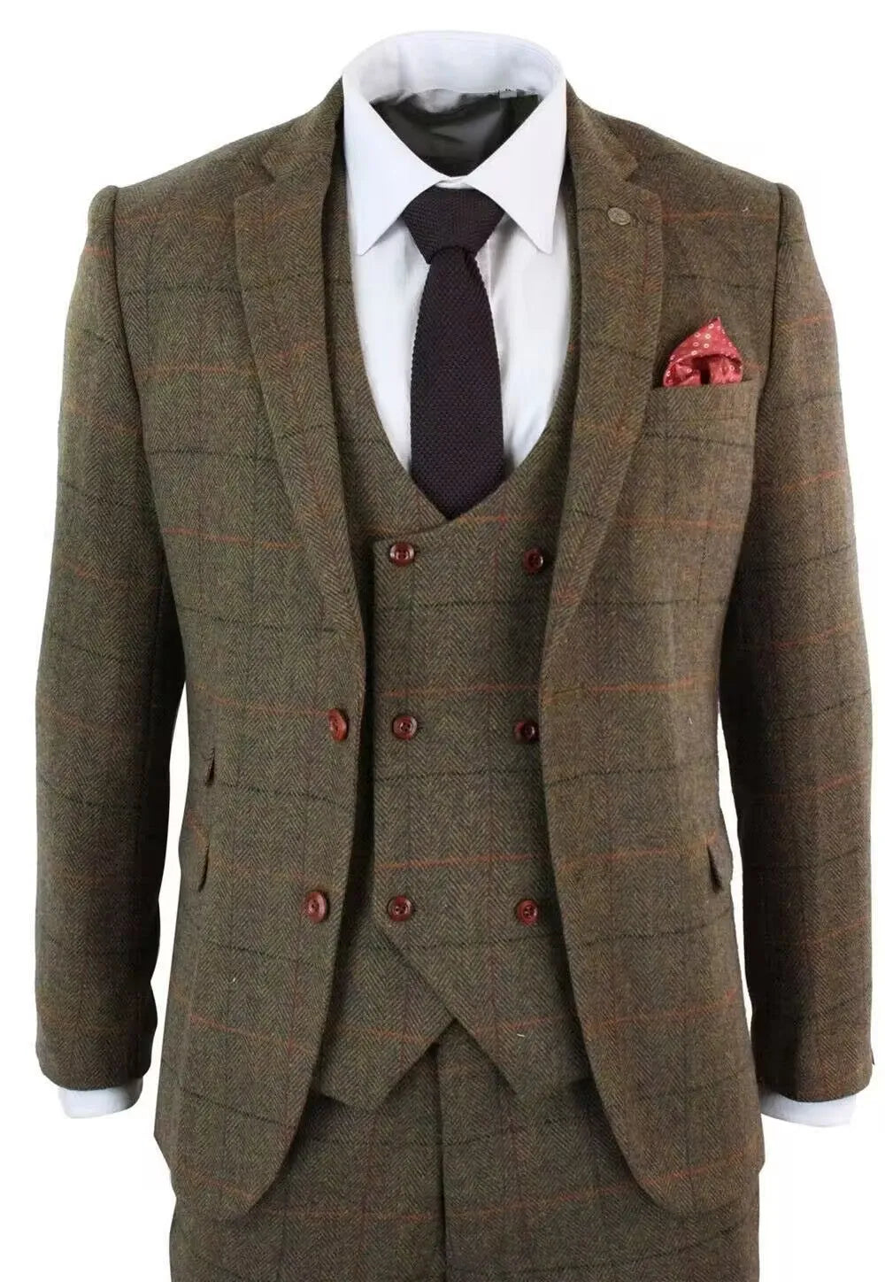Brown plaid three-piece suit set with slim fit cotton blend coat, vest and pants, sizes XS to 6XL