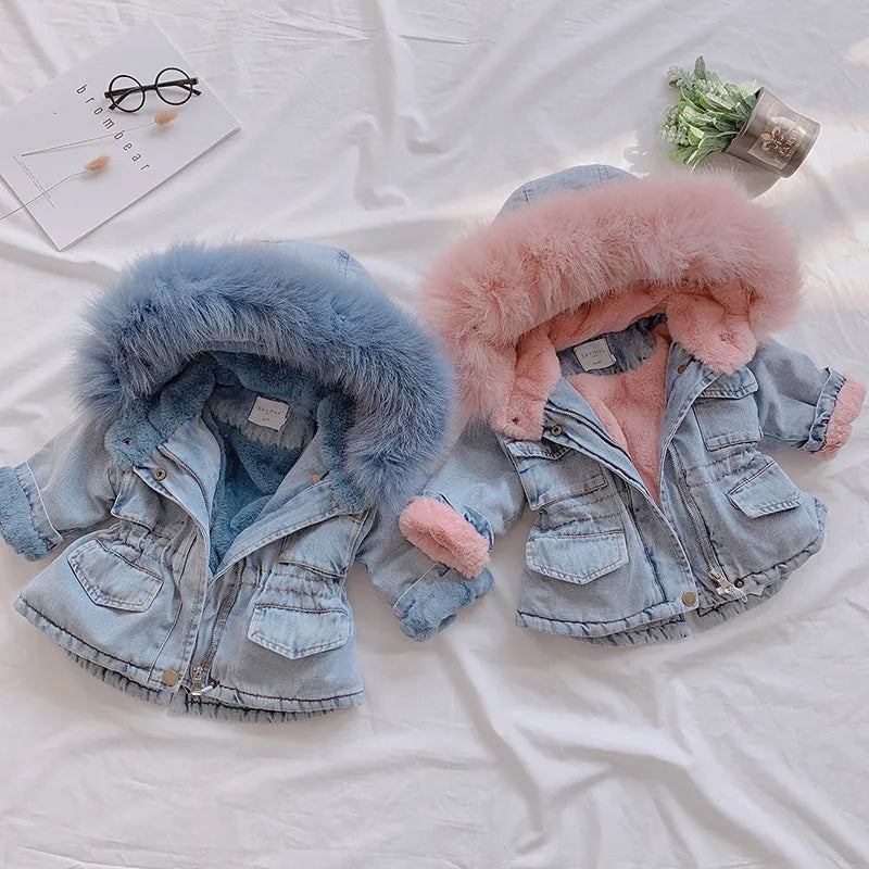 Girls blue denim coat with attached hood and plus velvet lining