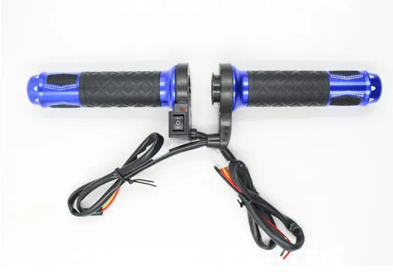 Pair of 12V heated motorcycle handlebar grips for 22mm J-caliber models in blue, gold, or red