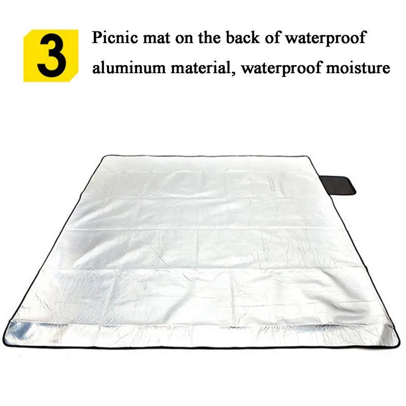 Folding suede picnic mat with blue stripes, expanded 200x200cm, showing soft velvet top and waterproof base
