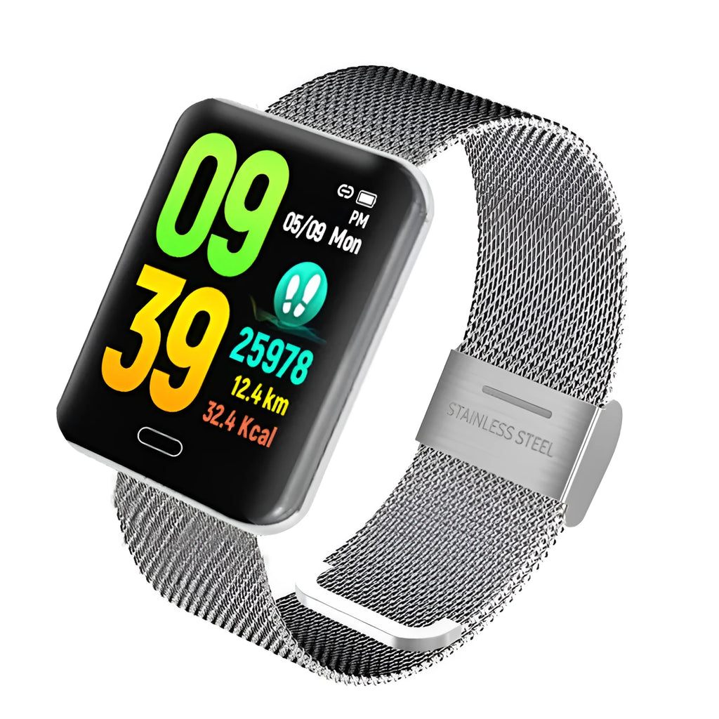 B8 smart bracelet in black with silver alloy case and LED display