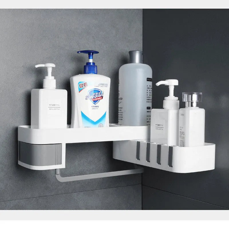 Plastic bathroom corner shelf in black and white colour, adhesive wall mounted in shower corner holding shampoo bottles