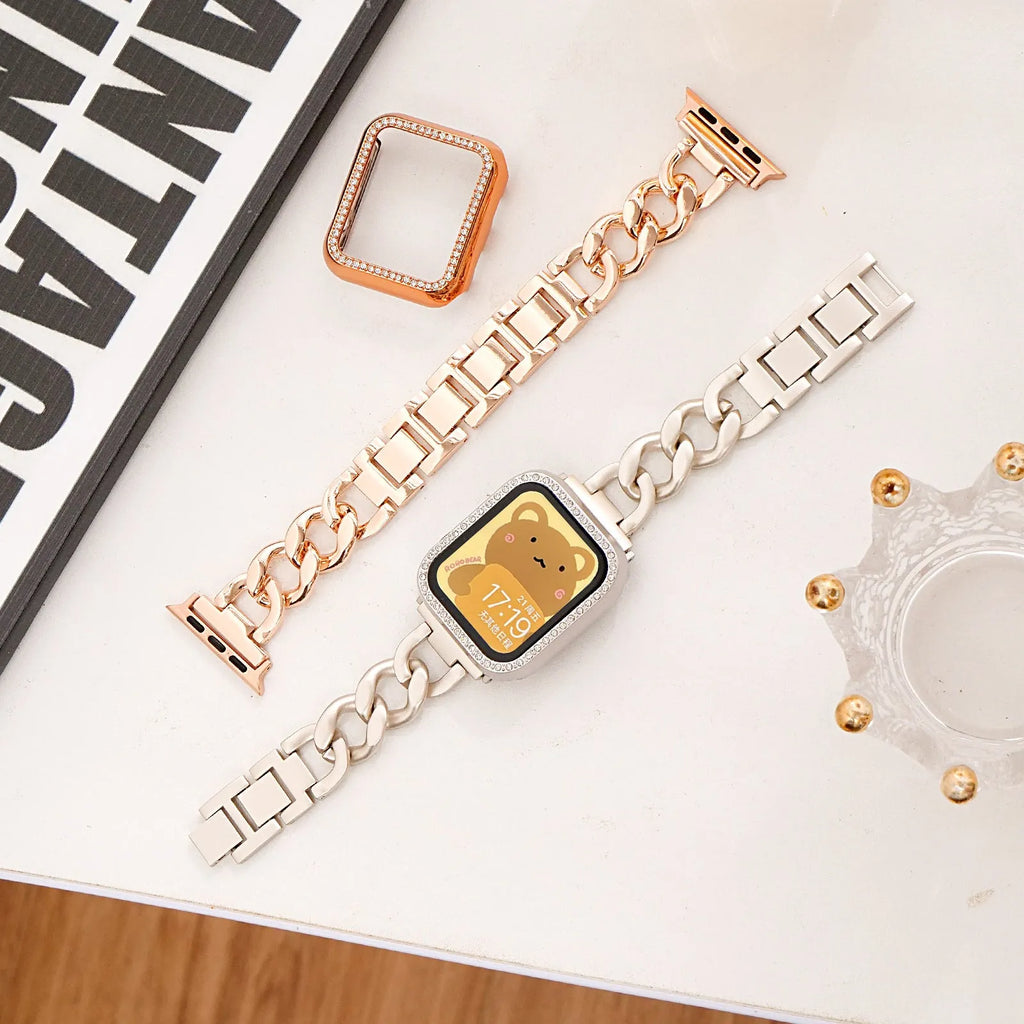 Denim-style metal chain watch strap for Apple Watch in silver, black, gold, rose gold, and starlight colours