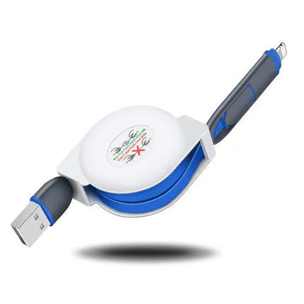 3-in-1 telescopic charging cable extended to show connectors with 120cm TPE cable and titanium alloy plugs.