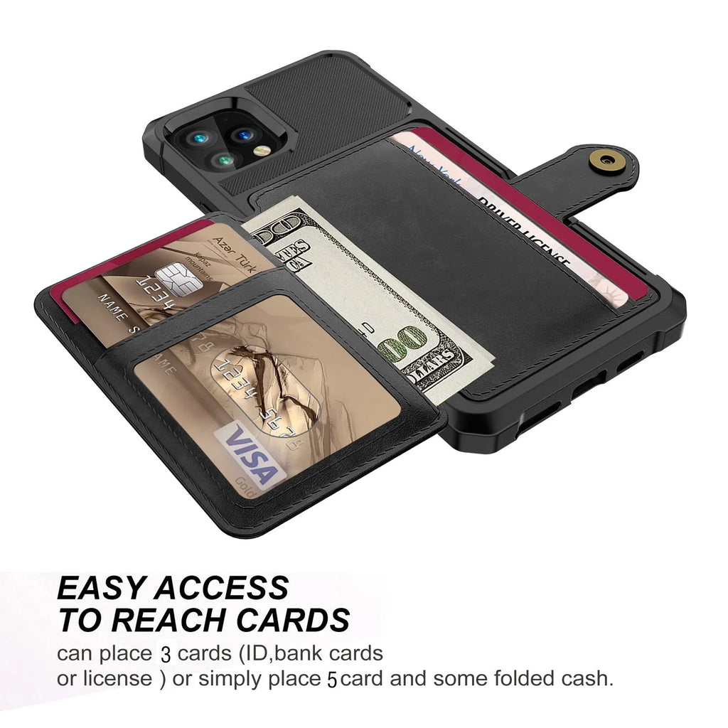 Imitation leather iPhone case with built-in card slot in black, shown next to a credit card.