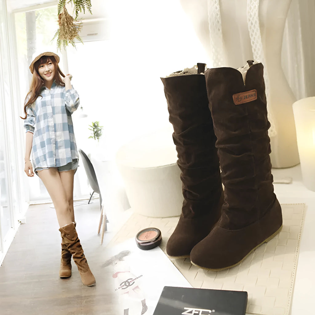 Women suede mid-calf flat boots in brown with cushioned insole and non-slip rubber sole