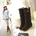 Women suede mid-calf flat boots in brown with cushioned insole and non-slip rubber sole