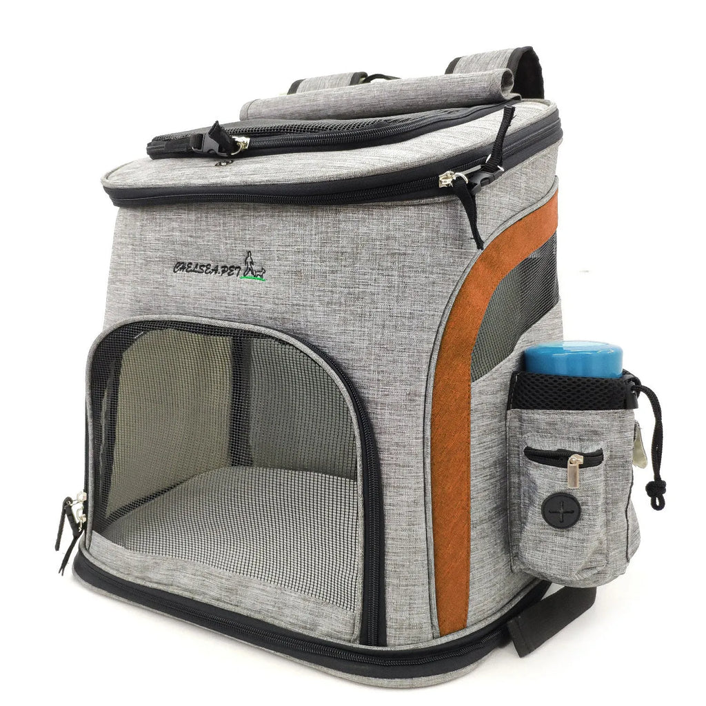 Breathable pet backpack in gray, showing mesh ventilation panels and zippered entry, for cats and dogs up to 20 kg
