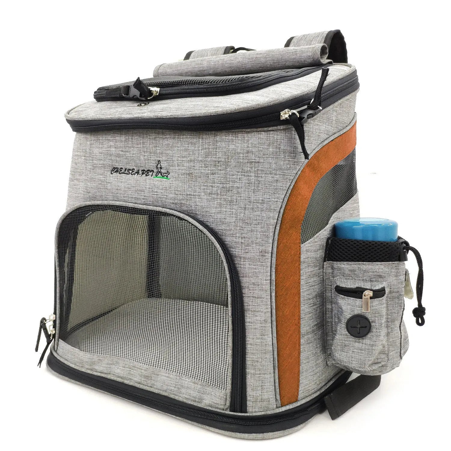 Breathable pet backpack in gray, showing mesh ventilation panels and zippered entry, for cats and dogs up to 20 kg