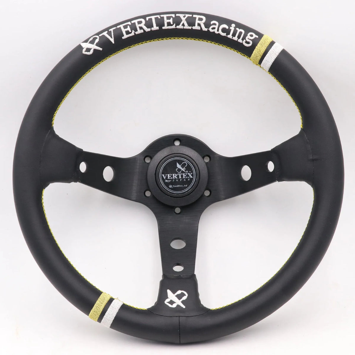 Black deep concave alloy racing steering wheel showing 330mm diameter and Vertex design options.