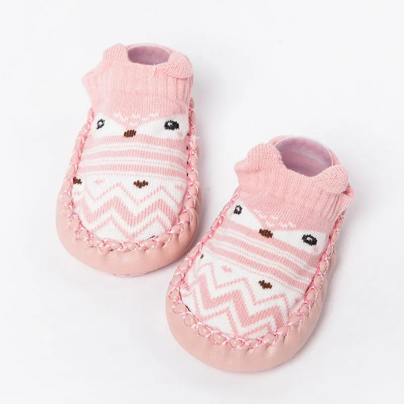 Set of cartoon baby non-slip floor socks in combed cotton with colour options including pink, blue, and grey