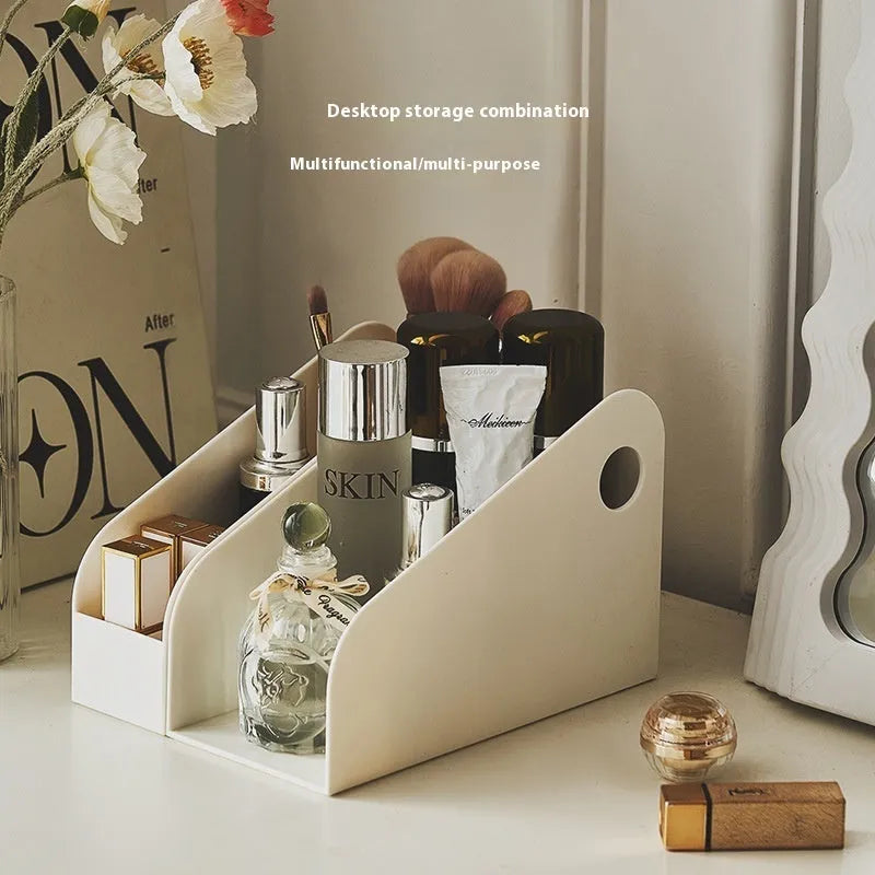 Two-layer plastic desktop storage box for documents and stationery in ivory white colour