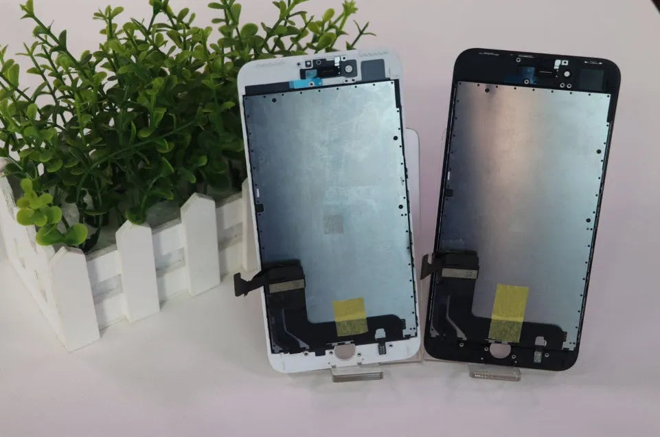 iPhone LCD screen replacement kit showing display, original cover, and disassembly tool