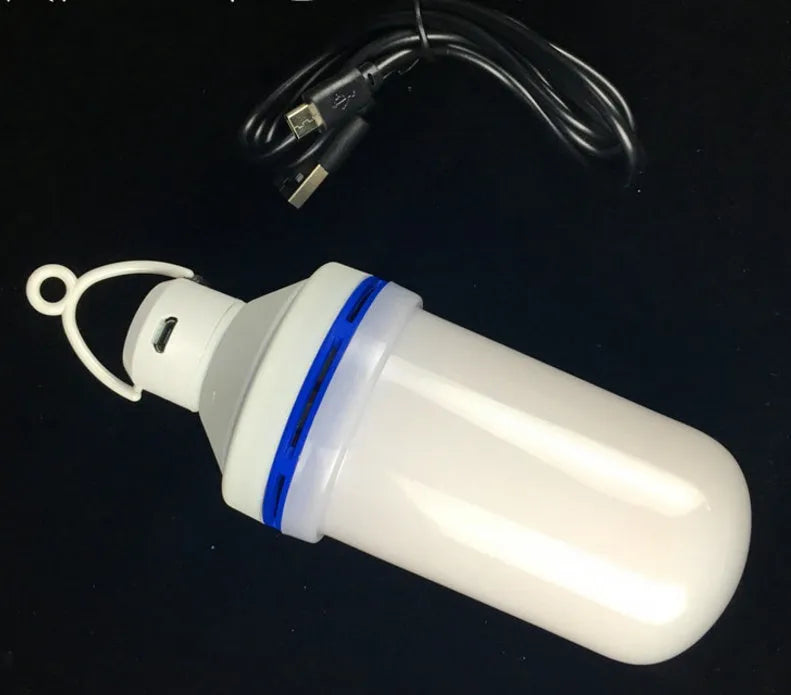 LED flame lamp bulb with dynamic moving fire effect, warm orange glow, E26 base, and USB power
