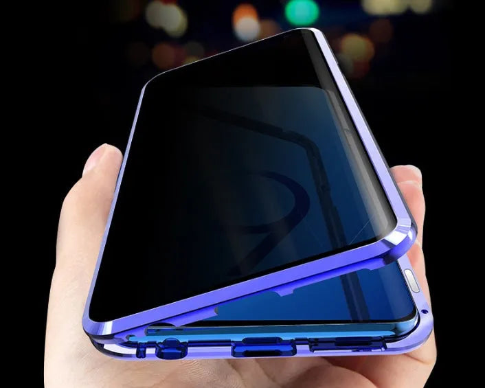 Magnetic anti-peeping Samsung phone case with clamshell design and double-sided glass construction