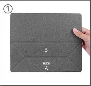 Blue foldable laptop cooling bracket with anti-slip surface shown open next to a closed laptop