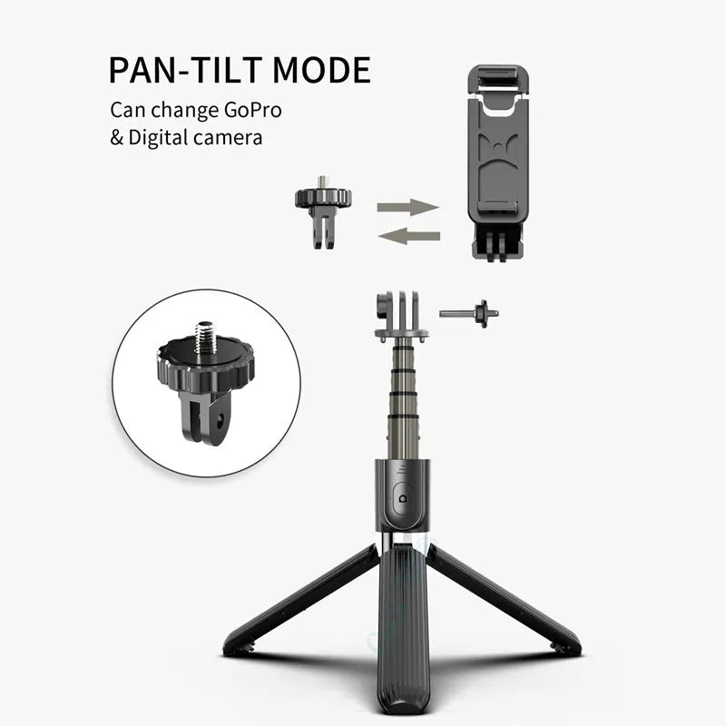 Black extendable tripod selfie stick for iPhone smartphones showing adjustable height.