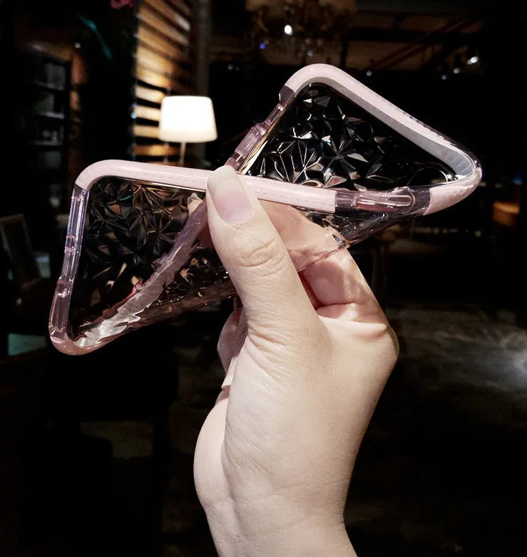 TPU iPhone back cover case with a striped pattern, shown in pink edge, white edge, and black border colour options.